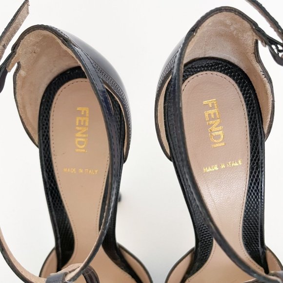 Fendi T-Strap Platform Sandal Navy Size 39 US 9 Blue Laser Cut Peep Toe Heel - Picture 4 of 13